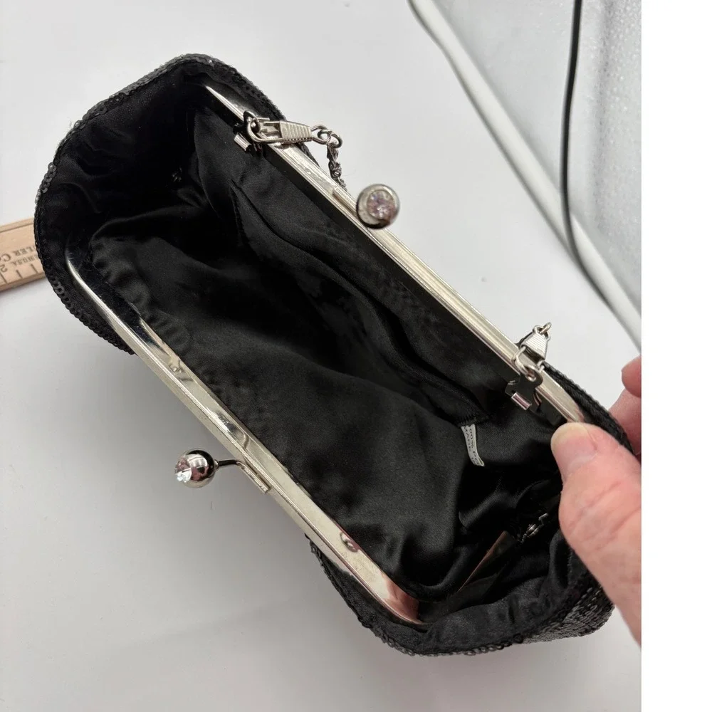 Black Sequin Bow Clutch Evening Bag Kiss Lock Frame Chain Strap Bridal Formal